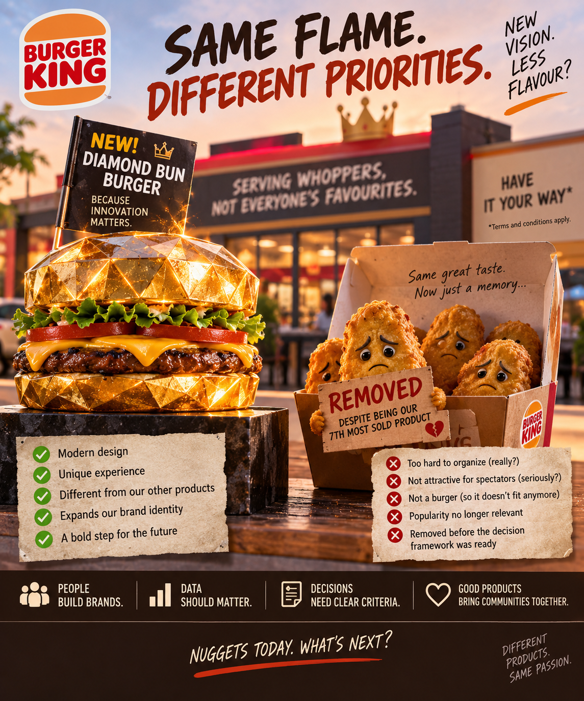 Satirical Burger King-style poster visually adapting the Forum analogy about a diamond-shaped burger and the removal of Chicken Nuggets