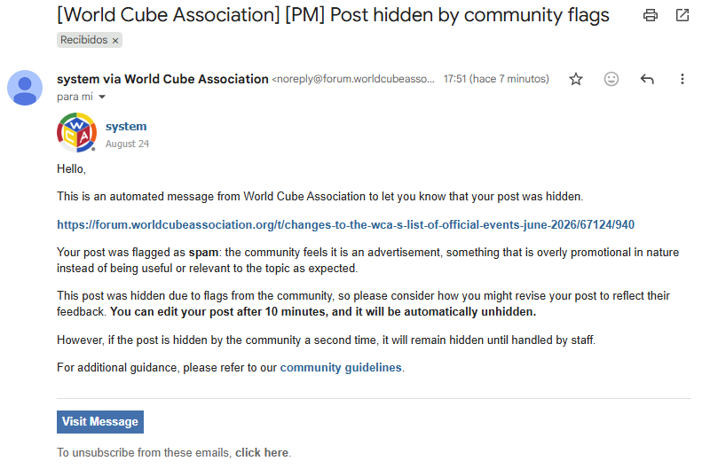Screenshot of the first WCA Forum notification stating that the post had been flagged as spam by the community