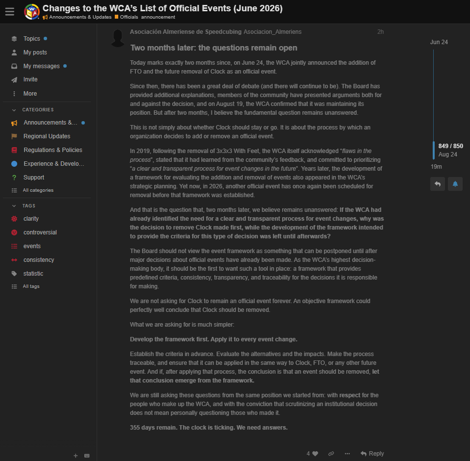 Screenshot of the original Forum post published by the Almeria Speedcubing Association on 24 August 2026 before it was removed