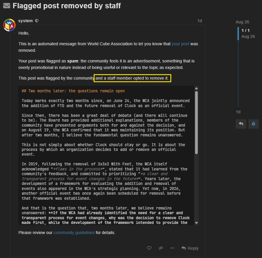Screenshot of the WCA Forum notification stating that the post was flagged as spam and that a staff member opted to remove it