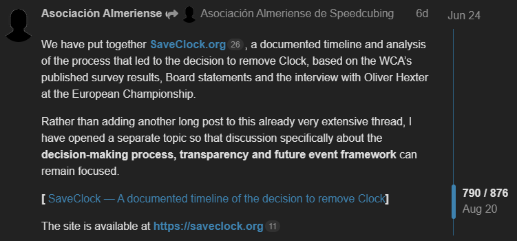 Screenshot of WCA Forum post 880 announcing SaveClock.org