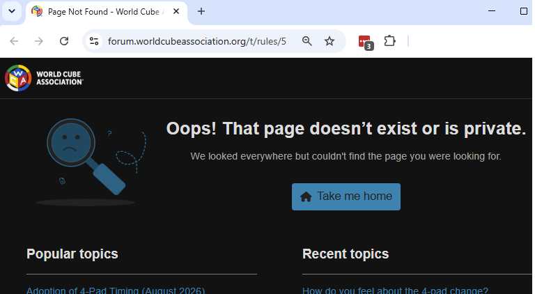 Screenshot showing that the WCA Forum rules URL provided by the Communication Team returned a page does not exist or is private message