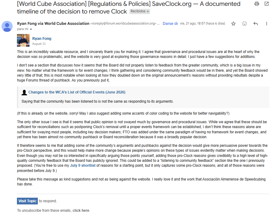 Screenshot of the email notification preserving Ryan Fong's response to the SaveClock.org Forum topic