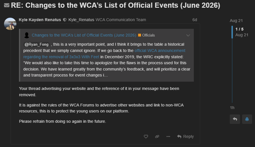 Screenshot of the WCA Communication Team message informing us that the SaveClock.org topic and references to the website had been removed