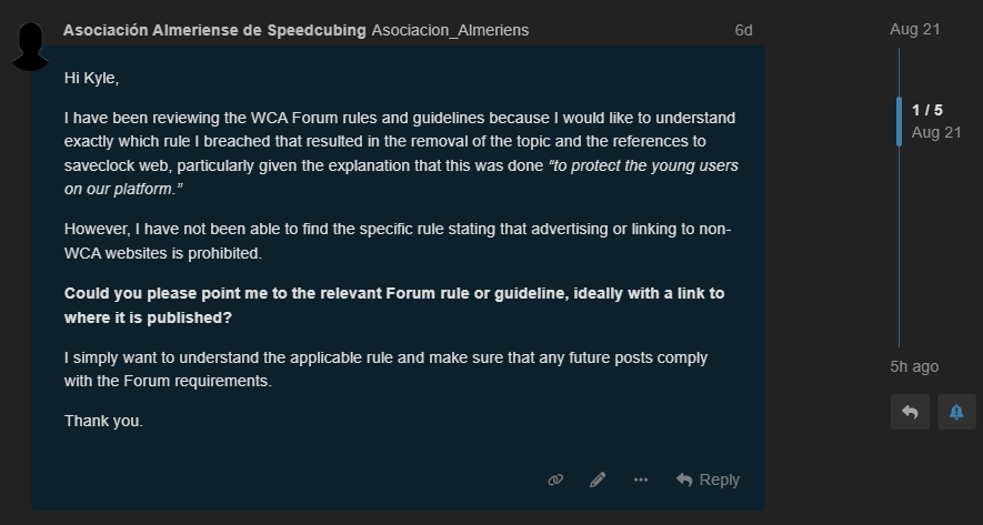 Screenshot of the initial request asking the WCA Communication Team to identify the specific published Forum rule applied to the removal