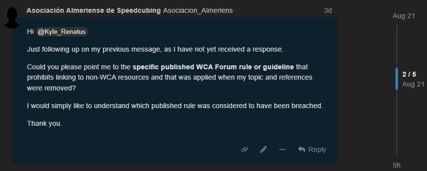 Screenshot of the follow-up request asking again for the specific published Forum rule after no response had been received