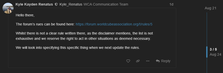 Screenshot of the WCA Communication Team response stating that there was not a clear written rule covering the specific situation